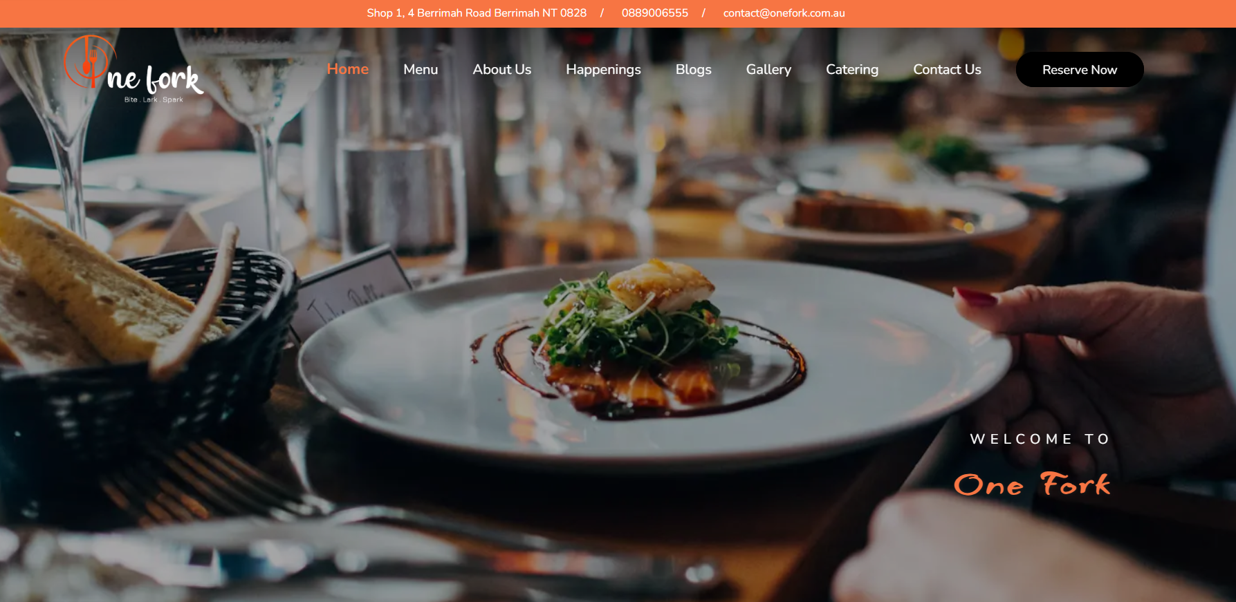 One Fork restaurant website UI/UX design showcasing menu discovery, dining experiences, and reservations